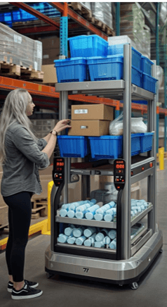 Mitarbeiterin kommissioniert Ware von einem mobilen Lagerroboter in einem modernen Lager oder Logistikzentrum.