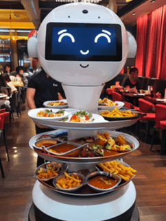 Freundlicher Serviceroboter liefert mehrere Teller mit Essen in einem belebten Restaurant mit Gästen.