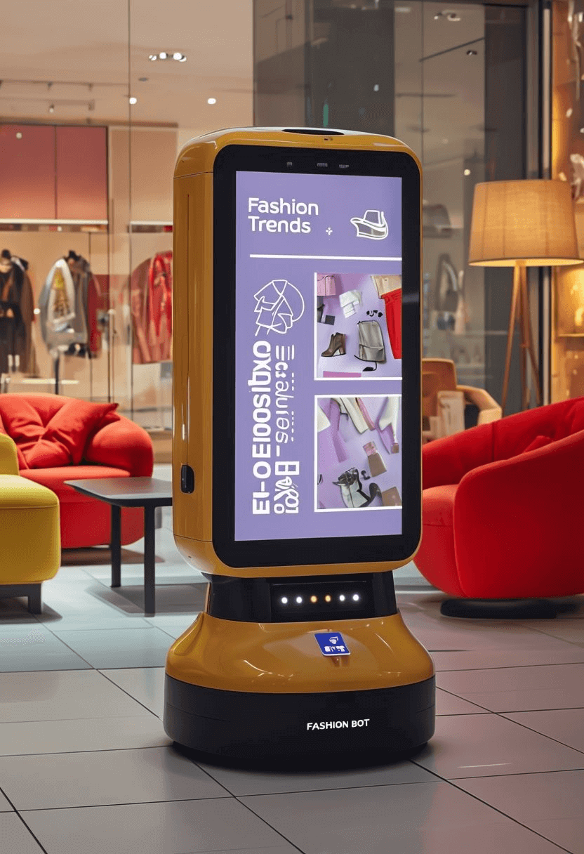 Gelber autonomer Werberoboter mit großem Touchscreen zeigt Modetrends und Produkte in einem Bekleidungsgeschäft