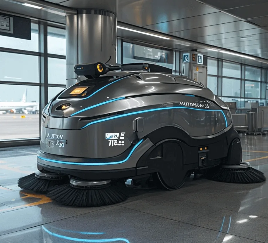 Autonomer Reinigungsroboter am Flughafen, Bodenreinigung, moderne Gebäudereinigung