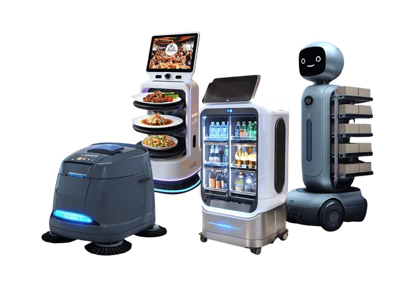 Eine Gruppe von vier autonomen Robotern, die in Dienstleistungsbereichen eingesetzt werden. Von links nach rechts: ein grauer, flacher Reinigungsroboter mit blauen Lichtern, daneben ein weißer Servierroboter mit drei Ebenen, auf denen Teller mit Essen stehen, und einem Bildschirm oben. Daneben steht ein weißer Roboter, der wie ein mobiler Getränkekühlschrank aussieht, mit mehreren Fächern, die mit Getränken gefüllt sind. Ganz rechts steht ein hellgrauer Roboter mit einem freundlichen Robotergesicht auf einem Bildschirm und fünf Ablagen an der Seite.