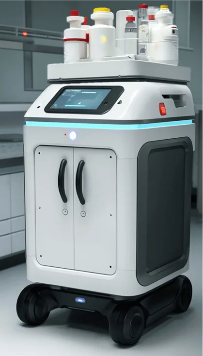 Serviceroboter für Medizin und Pflege in Form eines Transportroboters mit medizinischen Utensilien und abschließbaren Fächern auf Krankenhausflur