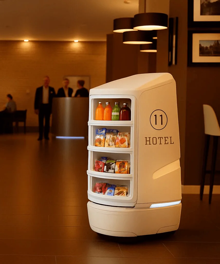 Moderner Serviceroboter mit Getränken und Snacks in einer Hotellobby