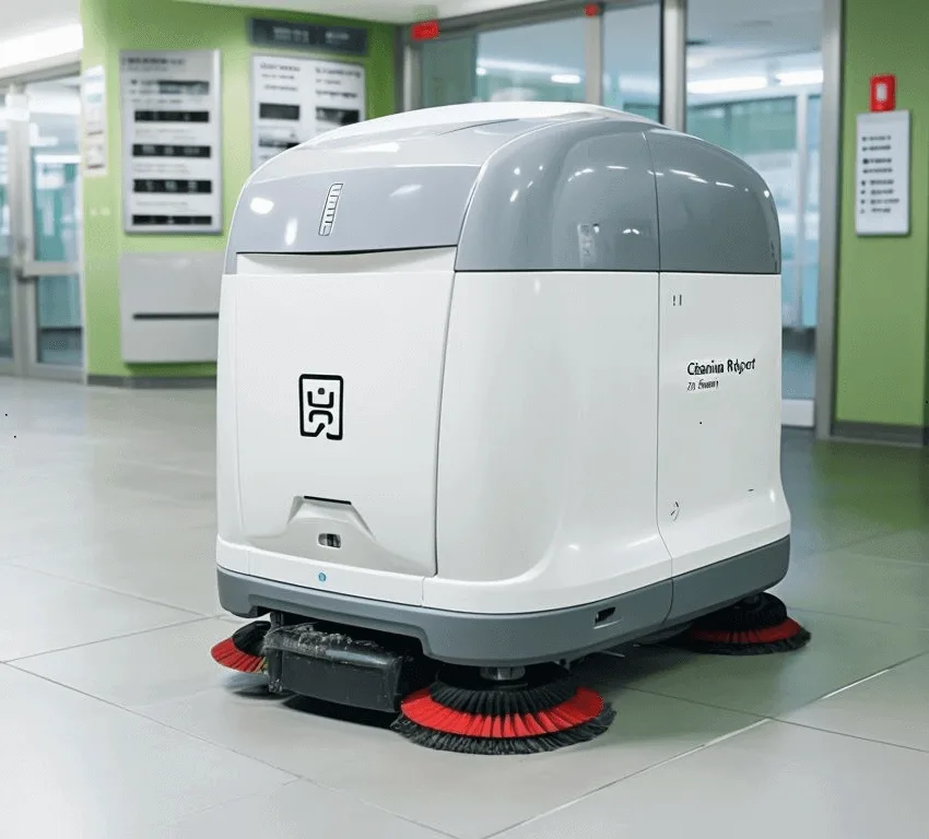 Serviceroboter für Medizin und Pflege in Form eines autonomen Reinigungsroboters auf Krankenhausflur im Einsatz