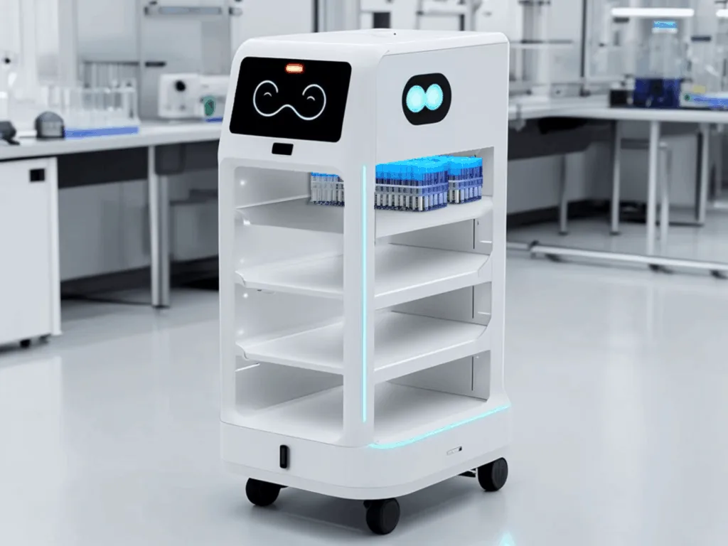 Serviceroboter für Labor mit Probenracks – automatisierter Transportroboter für Laborlogistik und medizinische Diagnostik