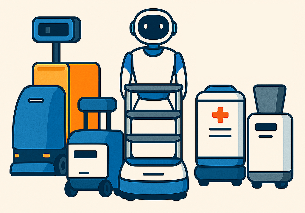 Illustration verschiedener Serviceroboter-Typen, darunter Lieferroboter, Reinigungsroboter und ein humanoider Roboter, die ihre vielfältigen Einsatzmöglichkeiten demonstrieren.