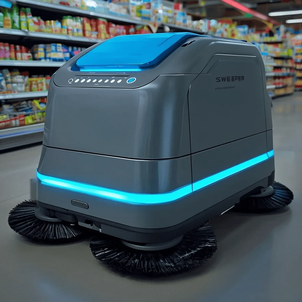 Autonomer Reinigungsroboter mit Bürsten in einem Supermarktgang, ideal für den Einzelhandel – Reinigungsroboter Vergleich
