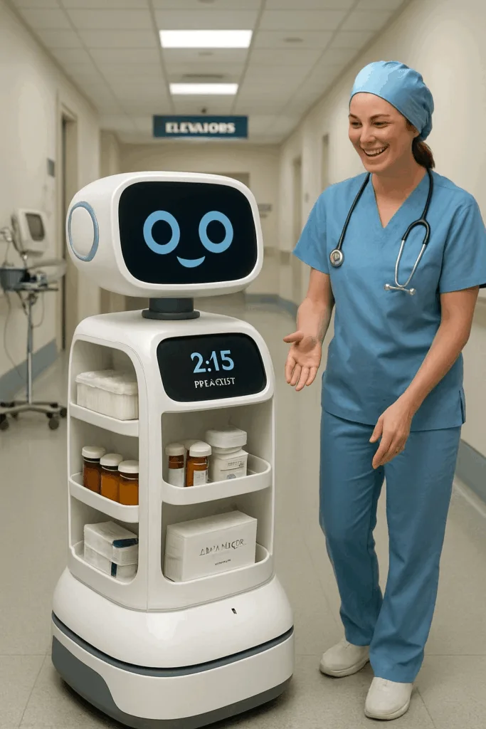 Medizinischer Assistenzroboter mit Display interagiert mit Pflegekraft auf Krankenhausflur