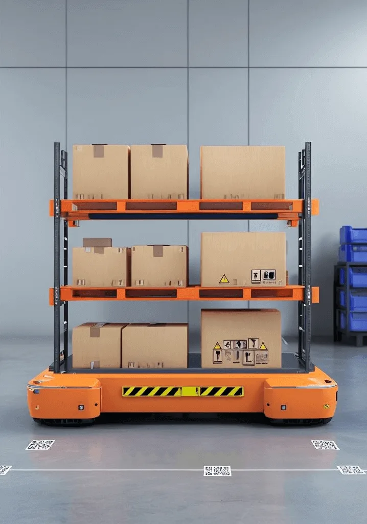Autonomer mobiler Roboter (AMR) transportiert Regale mit Kartons in einem Lager