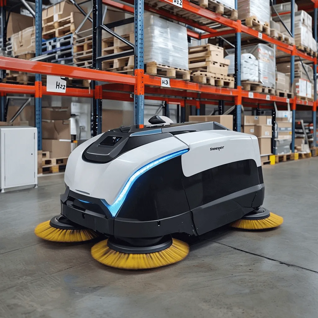 Autonomer Reinigungsroboter im Lager, Intralogistik, Bodenreinigung, Industriemaschine