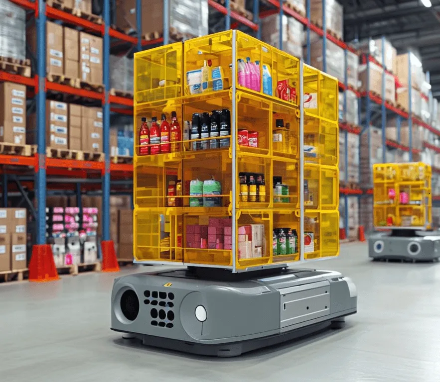 Autonomer Lagerroboter mit Transportbox im modernen Hochregallager