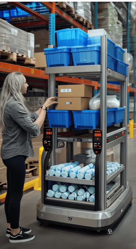 Mitarbeiterin kommissioniert Ware von einem mobilen Lagerroboter in einem modernen Lager oder Logistikzentrum.