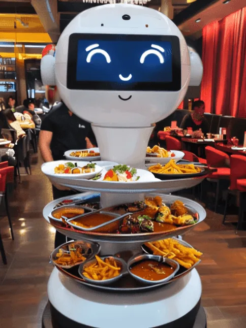 Freundlicher Serviceroboter liefert mehrere Teller mit Essen in einem belebten Restaurant mit Gästen.