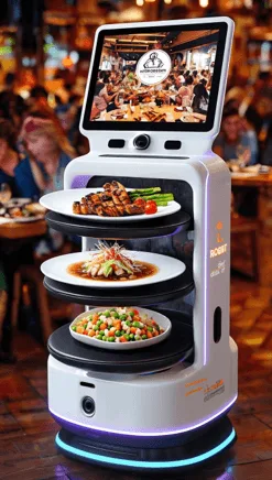 Mobiler Serviceroboter mit Headdisplay liefert mehrere Teller mit Essen in einem Restaurant mit Gästen.