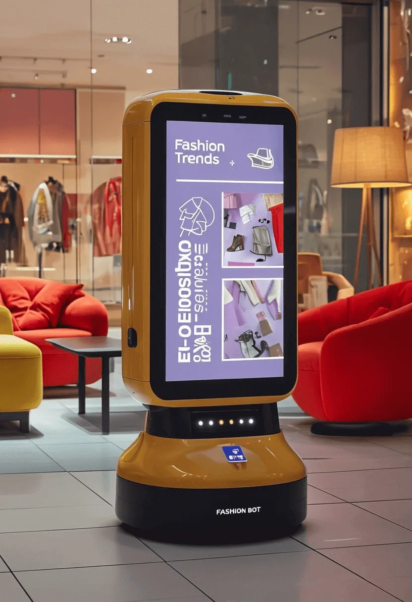 Gelber autonomer Werberoboter mit großem Touchscreen zeigt Modetrends und Produkte in einem Bekleidungsgeschäft