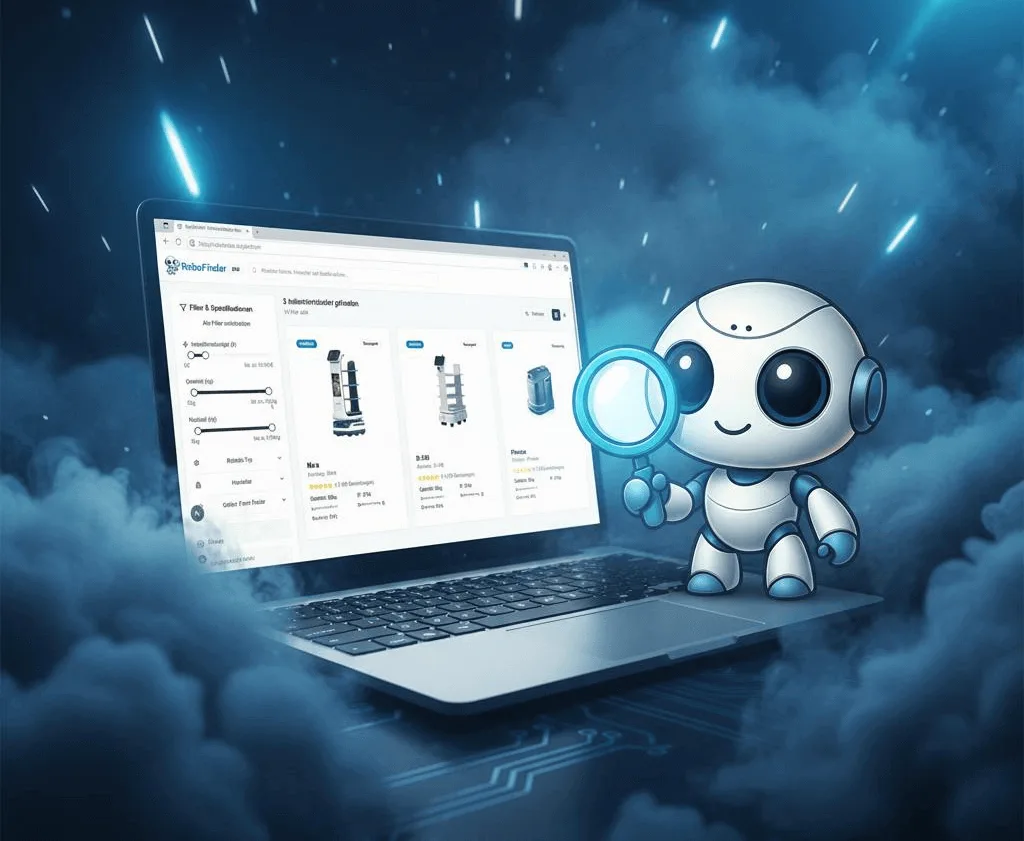 RoboFinder Serviceroboter Vergleichsportal, das Maskottchen RoFi hält eine Lupe vor einem Laptop