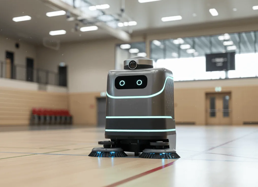 Autonomer Reinigungsroboter säubert den Boden einer Sporthalle, unterstreicht die Effizienz von Servicerobotern in Bildungseinrichtungen und Freizeitanlagen.