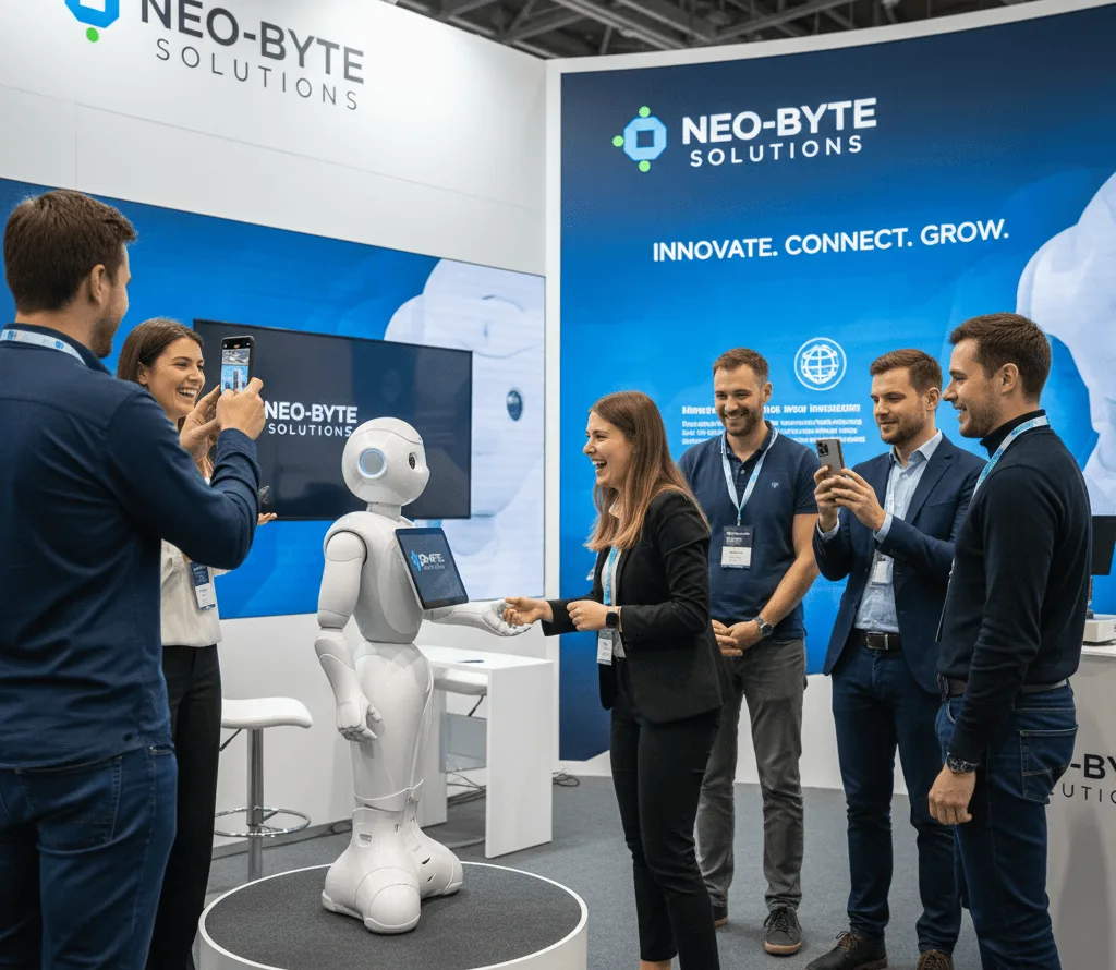 Humanoider Serviceroboter interagiert auf einem Messestand mit Besuchern, verdeutlicht den Einsatz von Robotern bei Veranstaltungen und im Kundenservice.