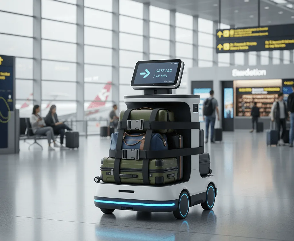 Autonomer Gepäcktransportroboter navigiert durch eine belebte Flughafen-Abflughalle, bepackt mit Koffern und einem Display mit Gate-Informationen, symbolisiert Effizienz im Reiseverkehr.