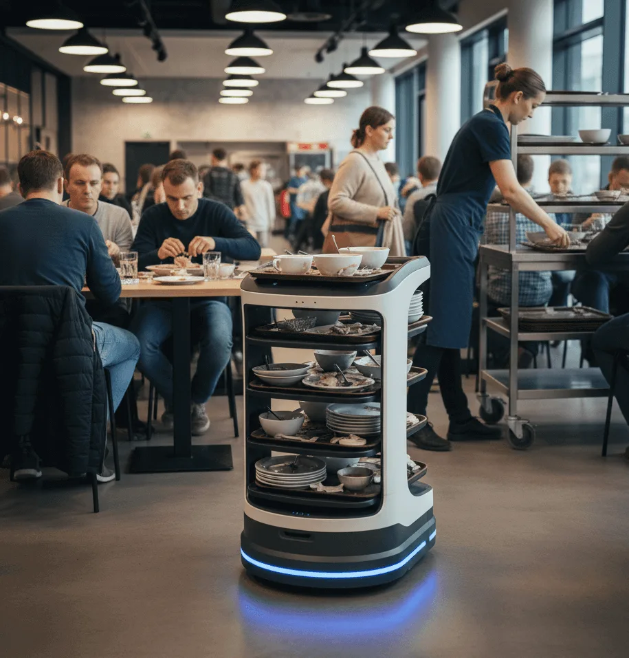 Autonomer Serviceroboter transportiert schmutziges Geschirr auf Tabletts durch eine belebte Kantine oder Mensa, im Hintergrund essen Gäste.