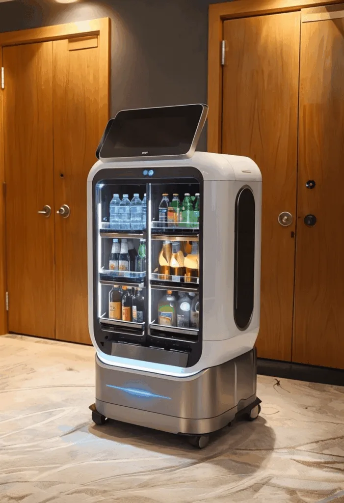 Moderner Roomservice-Roboter, konzipiert als mobile Minibar mit gekühlten Getränken, steht autonom in einem Hotelflur vor zwei Holztüren.