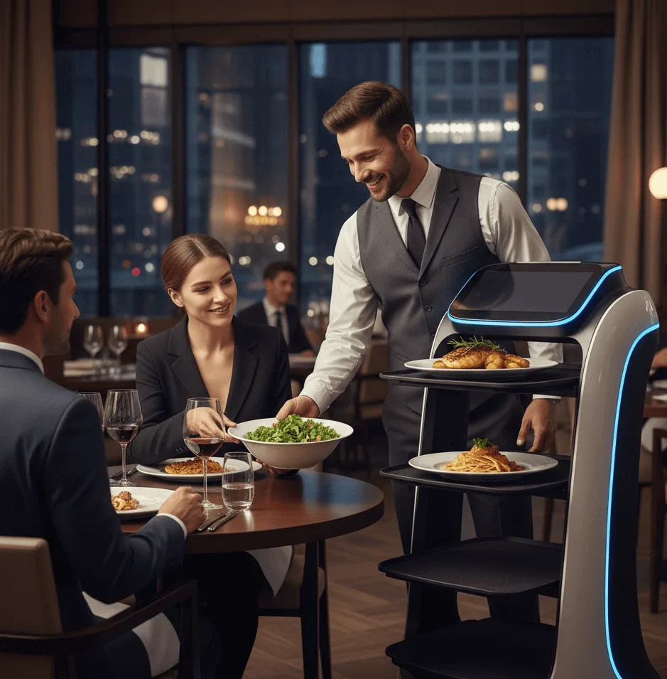 Moderner Servierroboter mit leuchtenden blauen Streifen assistiert einem Kellner beim Servieren von Tellern in einem eleganten Restaurant.