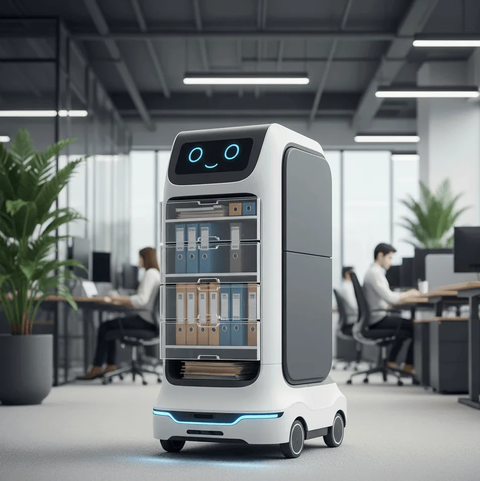 Autonomer Transportroboter mit Regalen voller Aktenordner fährt durch ein modernes Großraumbüro, während Mitarbeiter im Hintergrund arbeiten.