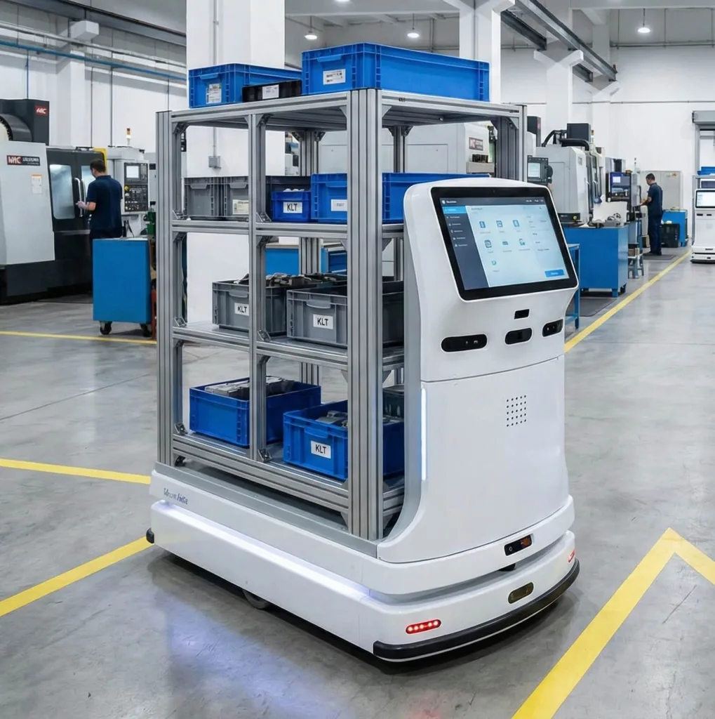 Ein weißer autonomer mobiler Roboter (AMR) mit aufgebautem Aluminium-Regalsystem transportiert blaue KLT-Boxen durch eine Fabrikhalle. Der Roboter verfügt über einen großen Touchscreen an der Front und sichtbare Sicherheits-Sensoren.