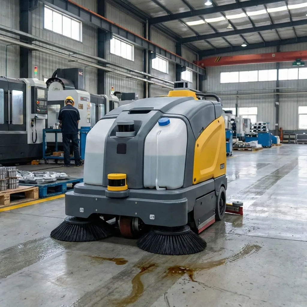 Eine große autonome Scheuersaugmaschine reinigt den dreckigen Betonboden einer Industriehalle. Der Roboter hat rotierende Bürsten vorne und hinterlässt eine feuchte, saubere Fläche. Sensoren (Lidar) sind auf der Oberseite und Front sichtbar. Im Hintergrund arbeiten ein Mitarbeiter und CNC-Maschinen.